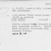 Index card with typed and handwritten information, sometimes including a sketch, of pottery from an excavation.