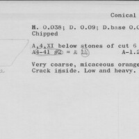Index card with typed and handwritten information, sometimes including a sketch, of pottery from an excavation.