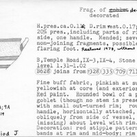Index card with typed and handwritten information, sometimes including a sketch, of pottery from an excavation.