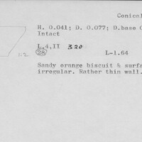 Index card with typed and handwritten information, sometimes including a sketch, of pottery from an excavation.