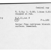 Index card with typed and handwritten information, sometimes including a sketch, of pottery from an excavation.