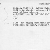 Index card with typed and handwritten information, sometimes including a sketch, of pottery from an excavation.