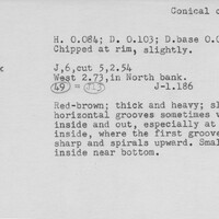 Index card with typed and handwritten information, sometimes including a sketch, of pottery from an excavation.