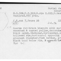 Index card with typed and handwritten information, sometimes including a sketch, of pottery from an excavation.