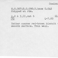 Index card with typed and handwritten information, sometimes including a sketch, of pottery from an excavation.