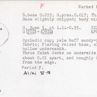 Index card with typed and handwritten information, sometimes including a sketch, of pottery from an excavation.