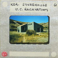 Old photograph of a building with a label on the border.