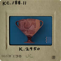 Ancient Greek vase with mythological scene, displayed on a blue background.