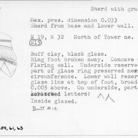 Index card with typed and handwritten information, sometimes including a sketch, of pottery from an excavation.