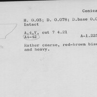 Index card with typed and handwritten information, sometimes including a sketch, of pottery from an excavation.