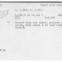 Index card with typed and handwritten information, sometimes including a sketch, of pottery from an excavation.