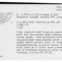 Index card with typed and handwritten information, sometimes including a sketch, of pottery from an excavation.