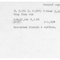 Index card with typed and handwritten information, sometimes including a sketch, of pottery from an excavation.