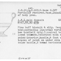 Index card with typed and handwritten information, sometimes including a sketch, of pottery from an excavation.