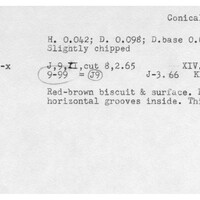 Index card with typed and handwritten information, sometimes including a sketch, of pottery from an excavation.