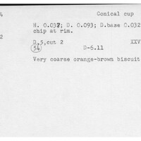 Index card with typed and handwritten information, sometimes including a sketch, of pottery from an excavation.