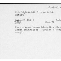 Index card with typed and handwritten information, sometimes including a sketch, of pottery from an excavation.