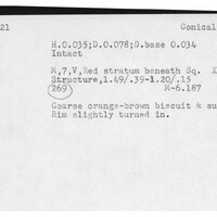 Index card with typed and handwritten information, sometimes including a sketch, of pottery from an excavation.