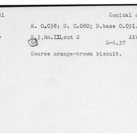 Index card with typed and handwritten information, sometimes including a sketch, of pottery from an excavation.