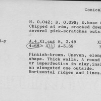Index card with typed and handwritten information, sometimes including a sketch, of pottery from an excavation.