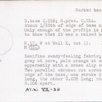 Index card with typed and handwritten information, sometimes including a sketch, of pottery from an excavation.