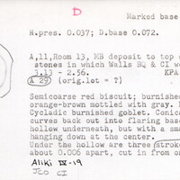 Index card with typed and handwritten information, sometimes including a sketch, of pottery from an excavation.