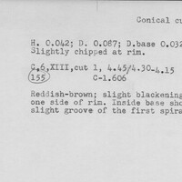 Index card with typed and handwritten information, sometimes including a sketch, of pottery from an excavation.