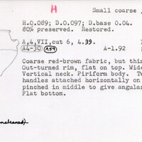 Index card with typed and handwritten information, sometimes including a sketch, of pottery from an excavation.