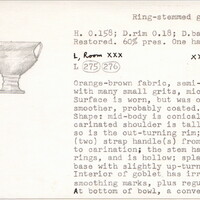 Index card with typed and handwritten information, sometimes including a sketch, of pottery from an excavation.