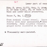 Index card with typed and handwritten information, sometimes including a sketch, of pottery from an excavation.