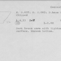 Index card with typed and handwritten information, sometimes including a sketch, of pottery from an excavation.