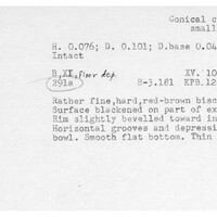 Index card with typed and handwritten information, sometimes including a sketch, of pottery from an excavation.