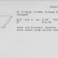 Index card with typed and handwritten information, sometimes including a sketch, of pottery from an excavation.
