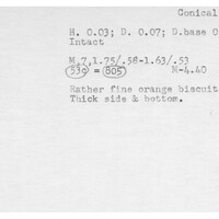 Index card with typed and handwritten information, sometimes including a sketch, of pottery from an excavation.