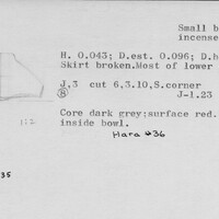 Index card with typed and handwritten information, sometimes including a sketch, of pottery from an excavation.