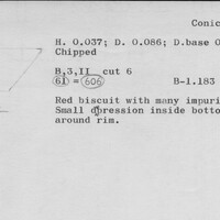 Index card with typed and handwritten information, sometimes including a sketch, of pottery from an excavation.