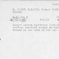 Index card with typed and handwritten information, sometimes including a sketch, of pottery from an excavation.