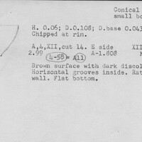 Index card with typed and handwritten information, sometimes including a sketch, of pottery from an excavation.
