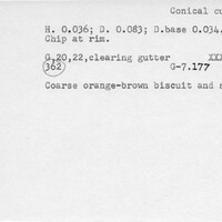 Index card with typed and handwritten information, sometimes including a sketch, of pottery from an excavation.