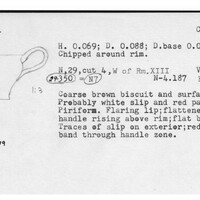 Index card with typed and handwritten information, sometimes including a sketch, of pottery from an excavation.