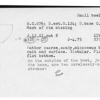 Index card with typed and handwritten information, sometimes including a sketch, of pottery from an excavation.