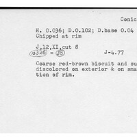 Index card with typed and handwritten information, sometimes including a sketch, of pottery from an excavation.