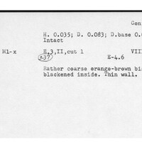 Index card with typed and handwritten information, sometimes including a sketch, of pottery from an excavation.