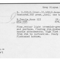 Index card with typed and handwritten information, sometimes including a sketch, of pottery from an excavation.