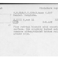 Index card with typed and handwritten information, sometimes including a sketch, of pottery from an excavation.