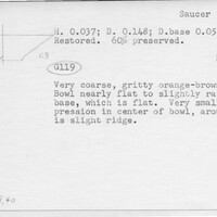 Index card with typed and handwritten information, sometimes including a sketch, of pottery from an excavation.