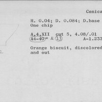Index card with typed and handwritten information, sometimes including a sketch, of pottery from an excavation.
