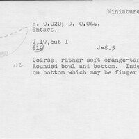 Index card with typed and handwritten information, sometimes including a sketch, of pottery from an excavation.