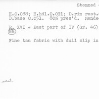 Index card with typed and handwritten information, sometimes including a sketch, of pottery from an excavation.