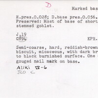 Index card with typed and handwritten information, sometimes including a sketch, of pottery from an excavation.